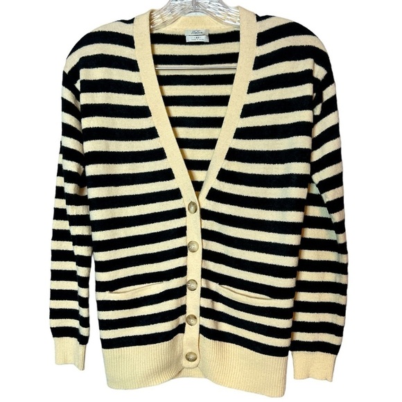 wallace Sweaters - Wallace Black Cream Striped Merino Wool Blend Button Cardigan Sweater Women XS
